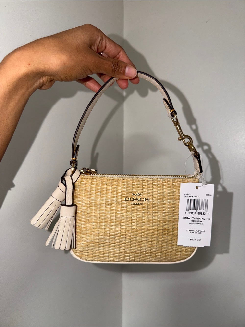 Coach Straw Mini Wristlet with Chalk Trim and Tassels